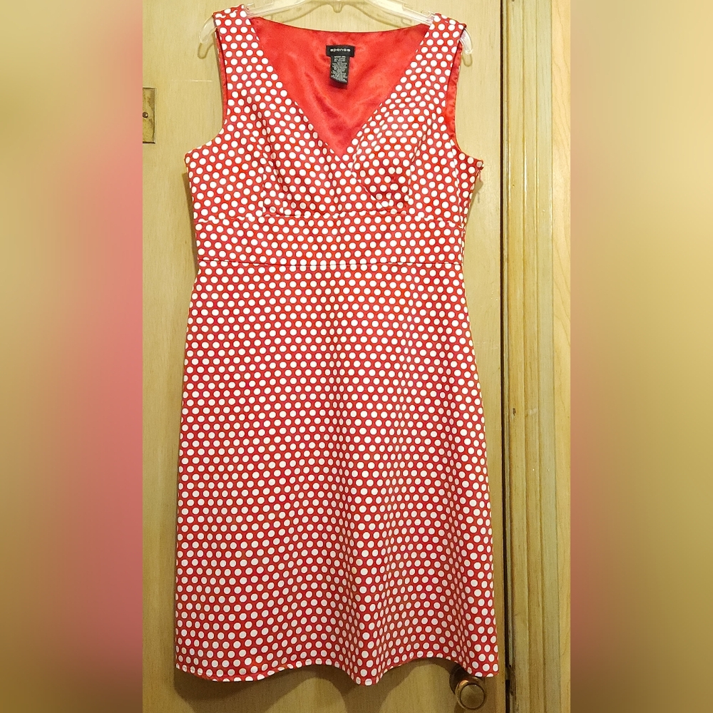 Spence Dress Womens Sz 14 Red White Polka Dot V-Neck Cotton A-Line Midi